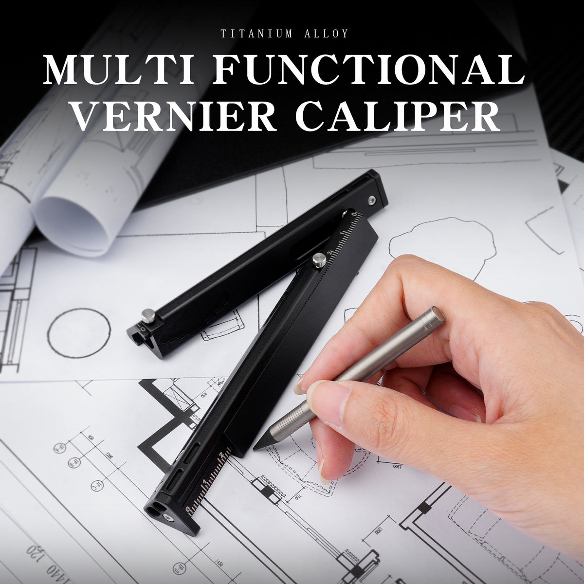 TGFL07 Black Titanium Alloy Multi‑Function Sliding Marking Ruler EDC Tool